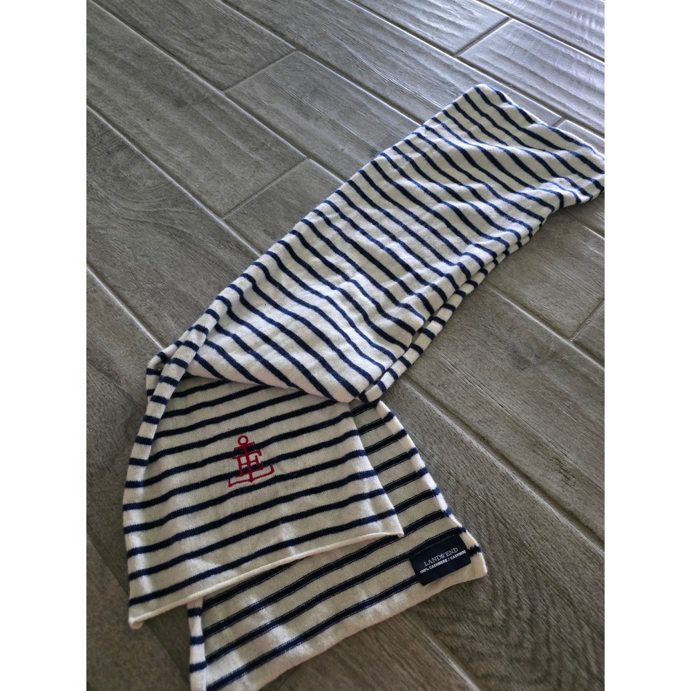 Lands End 100% Cashmere Scarf Navy Blue White Stripe Red Anchor Nautical Womens